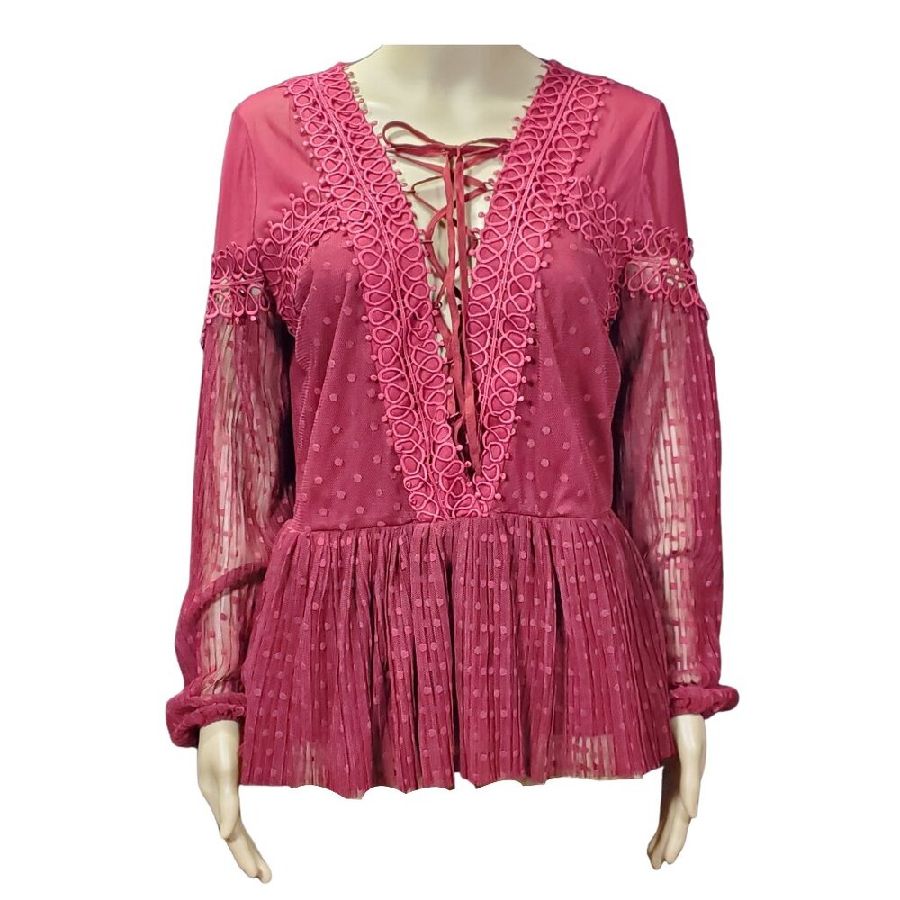 B.K.E. Boutique Burgundy Lace-Up Peplum Blouse | Sheer Dot Sleeves | Women’s M